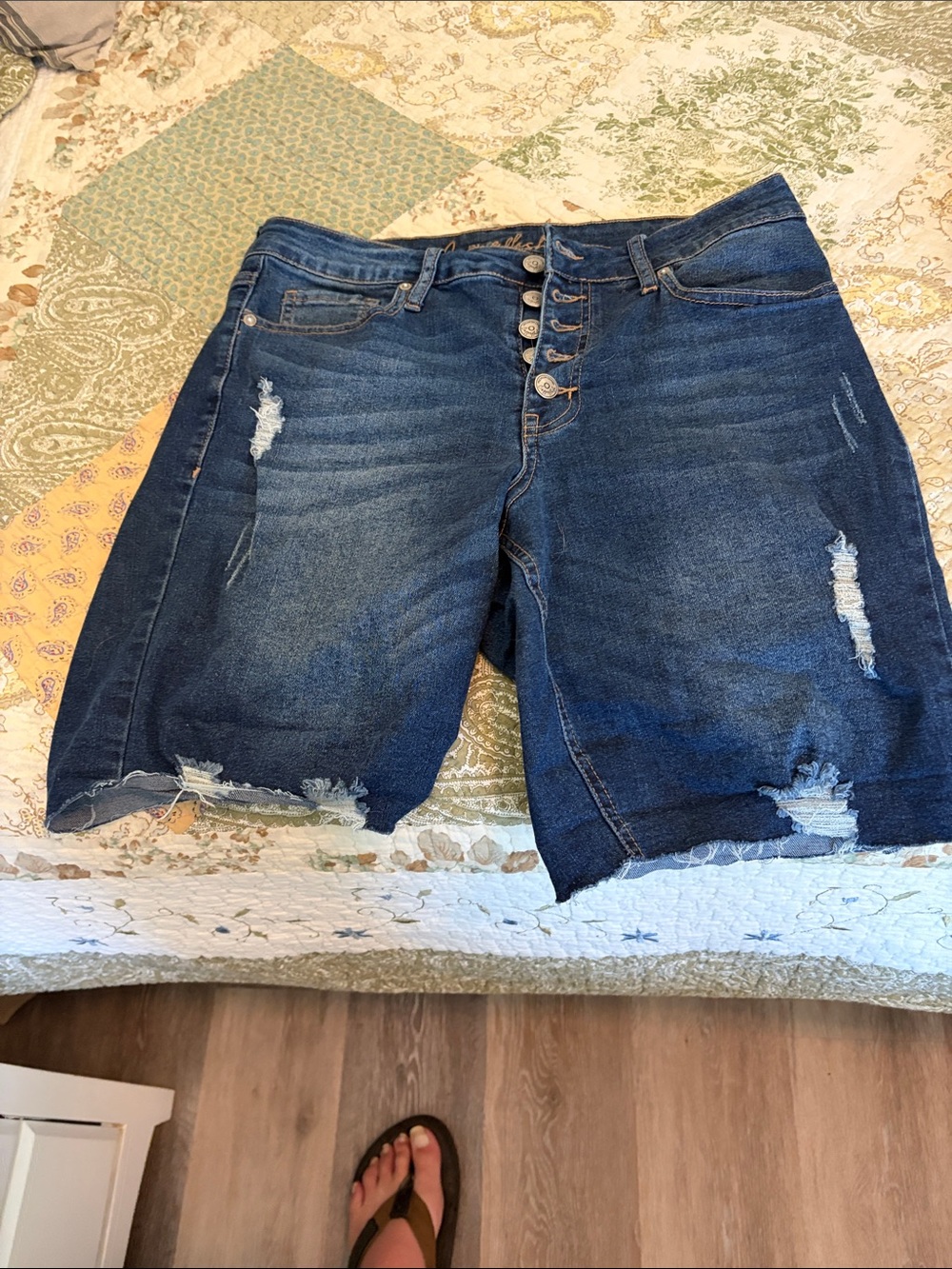 Distressed Dark Blue Denim Jean Shorts with Button Fly
